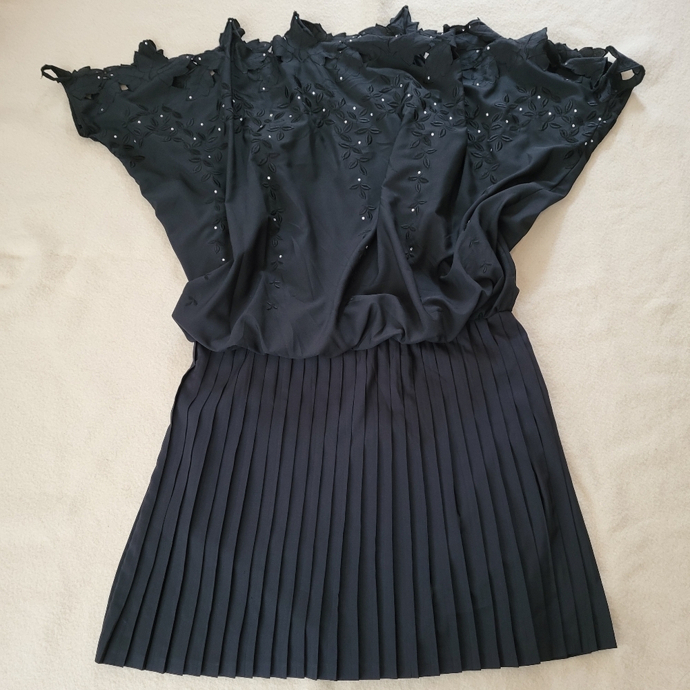 Vintage 80's Black Pleated Rhinestone Dress, Women's Size M Henri Ravoux France